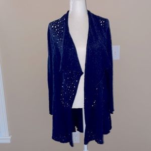 Eileen Fisher 100% Merino Wool Open Knit Waterfall Cardigan in Navy, Large